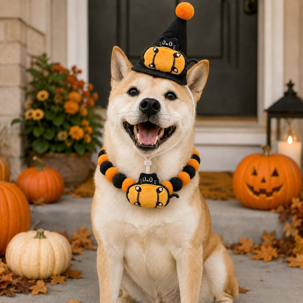 Halloween Pet Hat & Pom-Pom Collar Set for Dogs & Cats