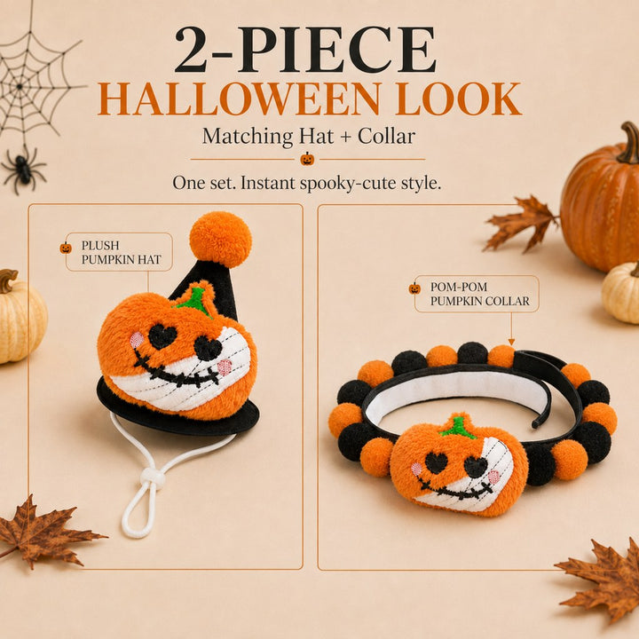 Halloween Pet Hat & Pom-Pom Collar Set for Dogs & Cats