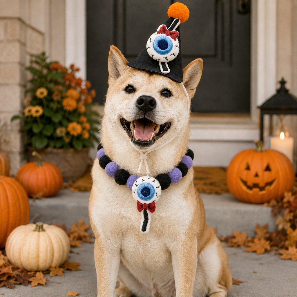 Halloween Pet Hat & Pom-Pom Collar Set for Dogs & Cats