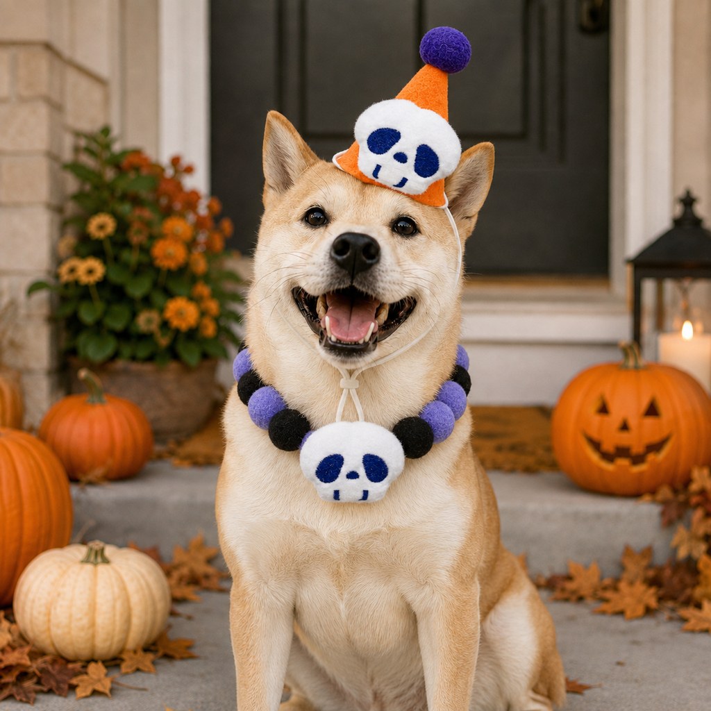 Halloween Pet Hat & Pom-Pom Collar Set for Dogs & Cats