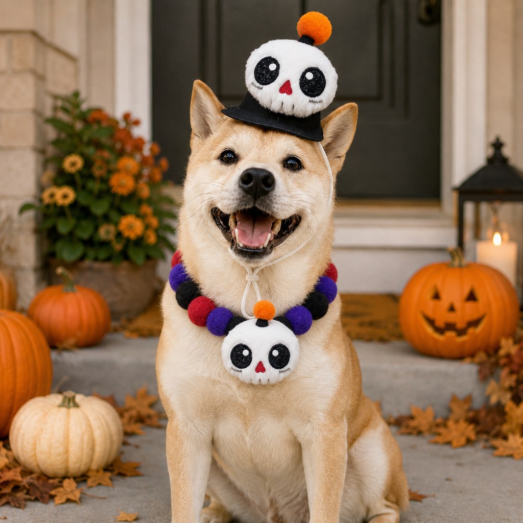 Halloween Pet Hat & Pom-Pom Collar Set for Dogs & Cats