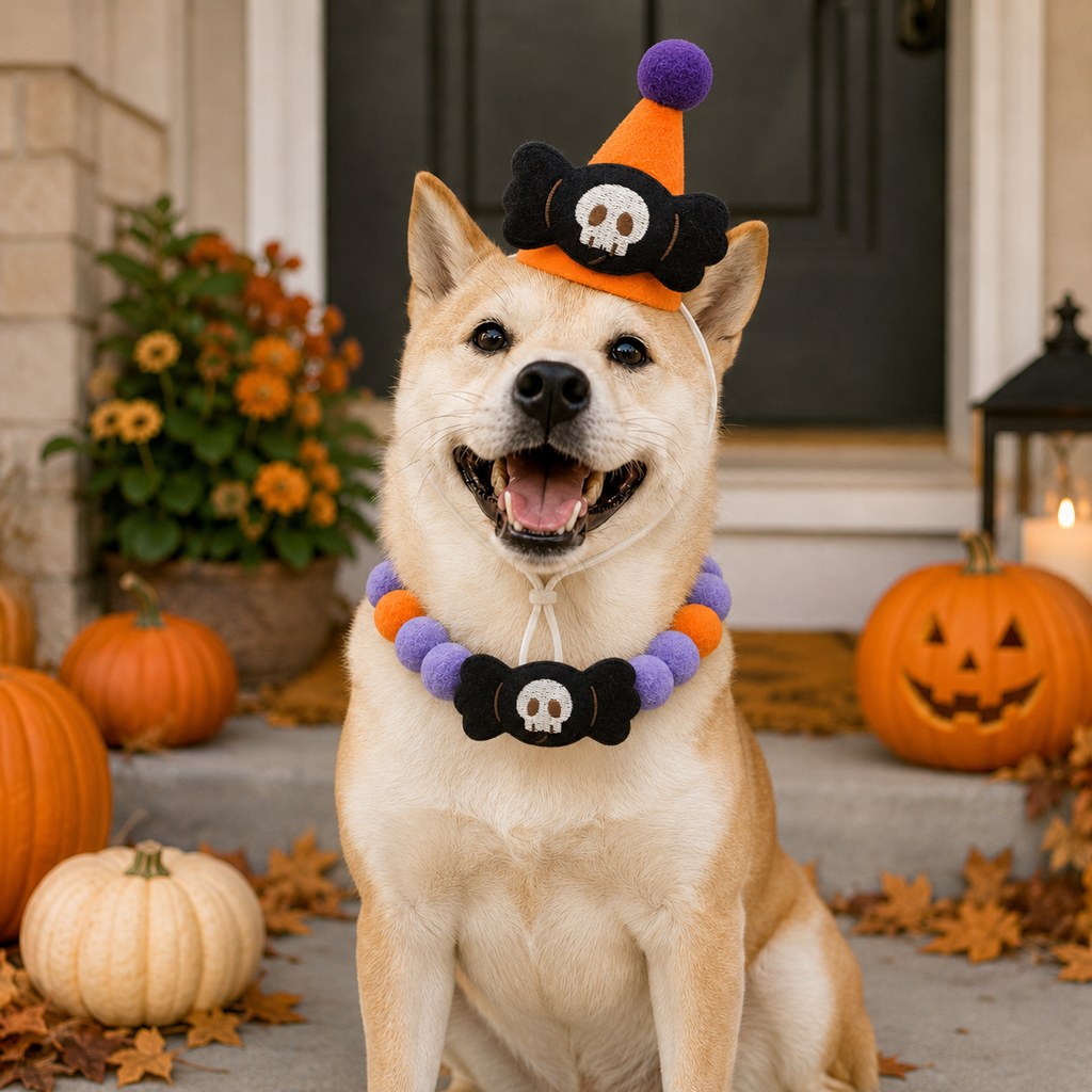Halloween Pet Hat & Pom-Pom Collar Set for Dogs & Cats