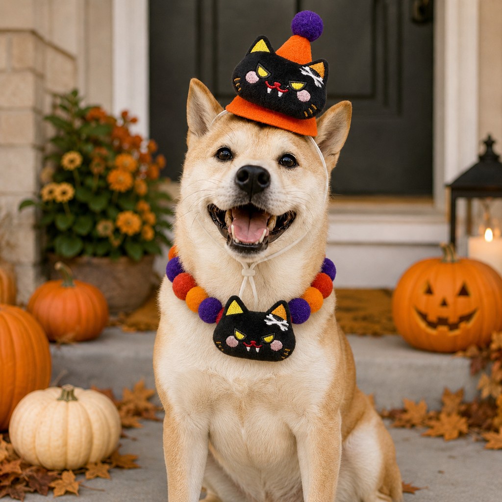 Halloween Pet Hat & Pom-Pom Collar Set for Dogs & Cats