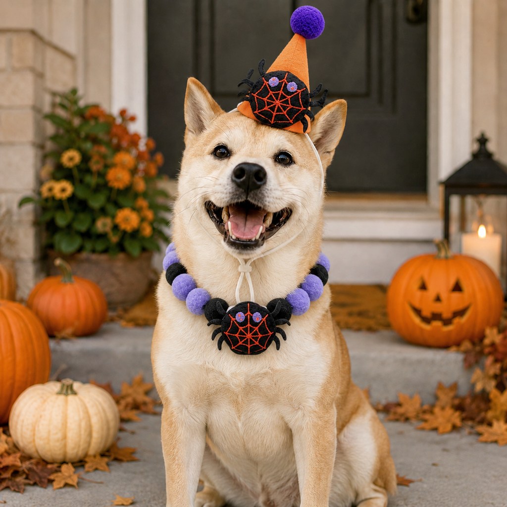 Halloween Pet Hat & Pom-Pom Collar Set for Dogs & Cats