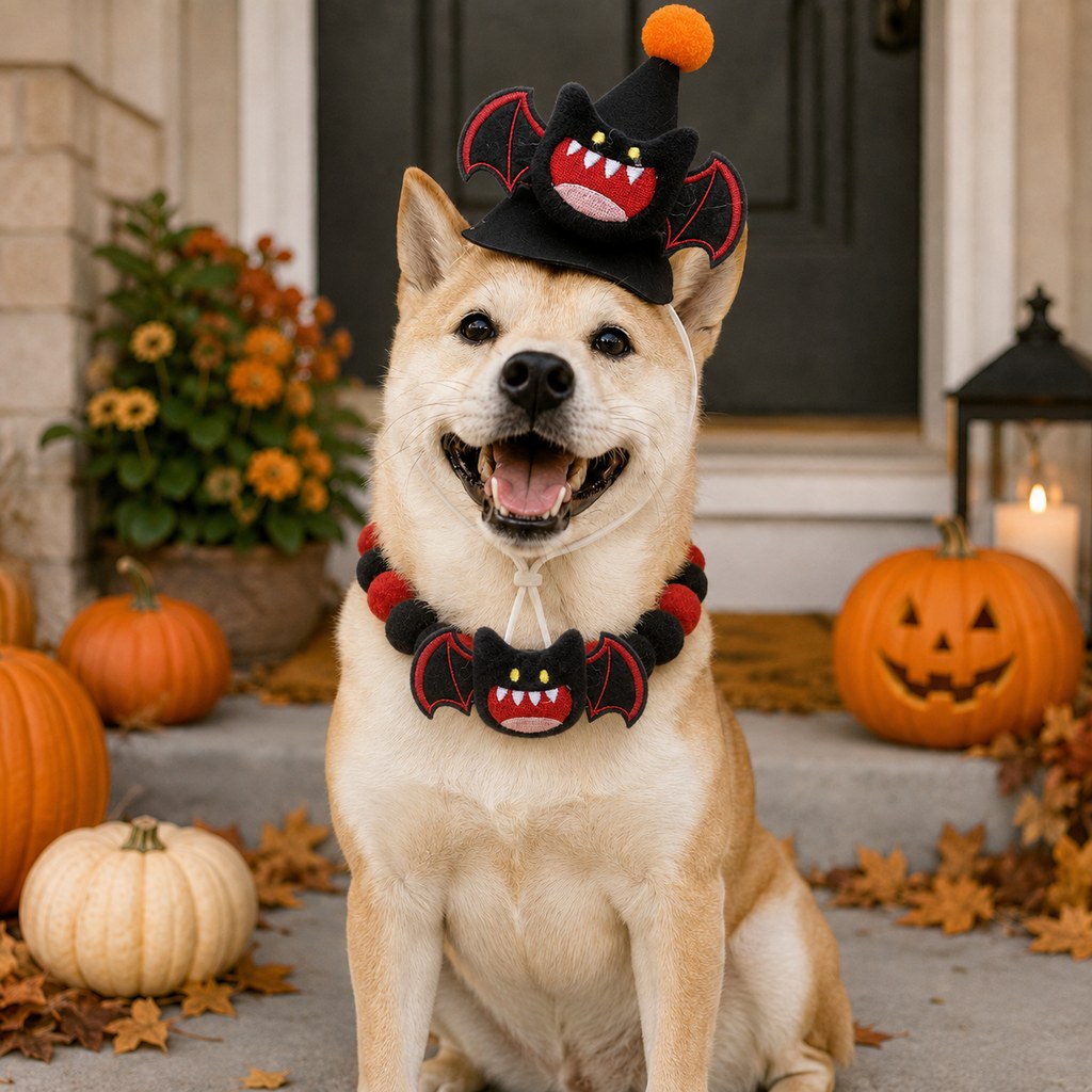 Halloween Pet Hat & Pom-Pom Collar Set for Dogs & Cats