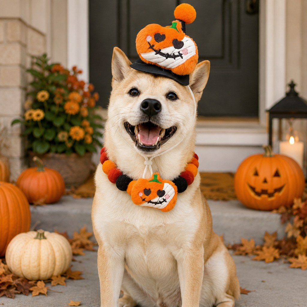 Halloween Pet Hat & Pom-Pom Collar Set for Dogs & Cats