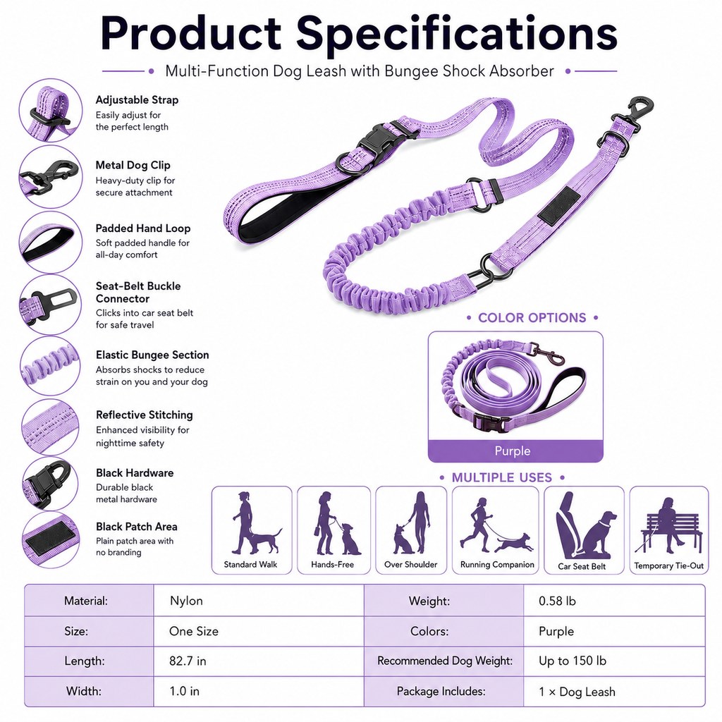 Hands-Free Shock-Absorbing Dog Leash for Running, Walking & Car Travel
