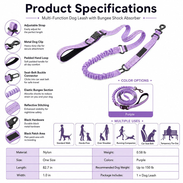 Hands-Free Shock-Absorbing Dog Leash for Running, Walking & Car Travel