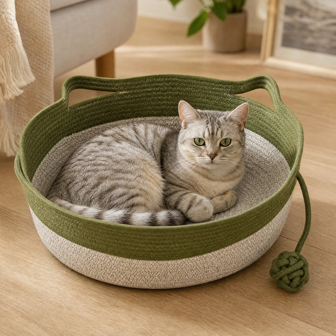 Handwoven Cotton Cat Basket with Soft Rope Design and Handles