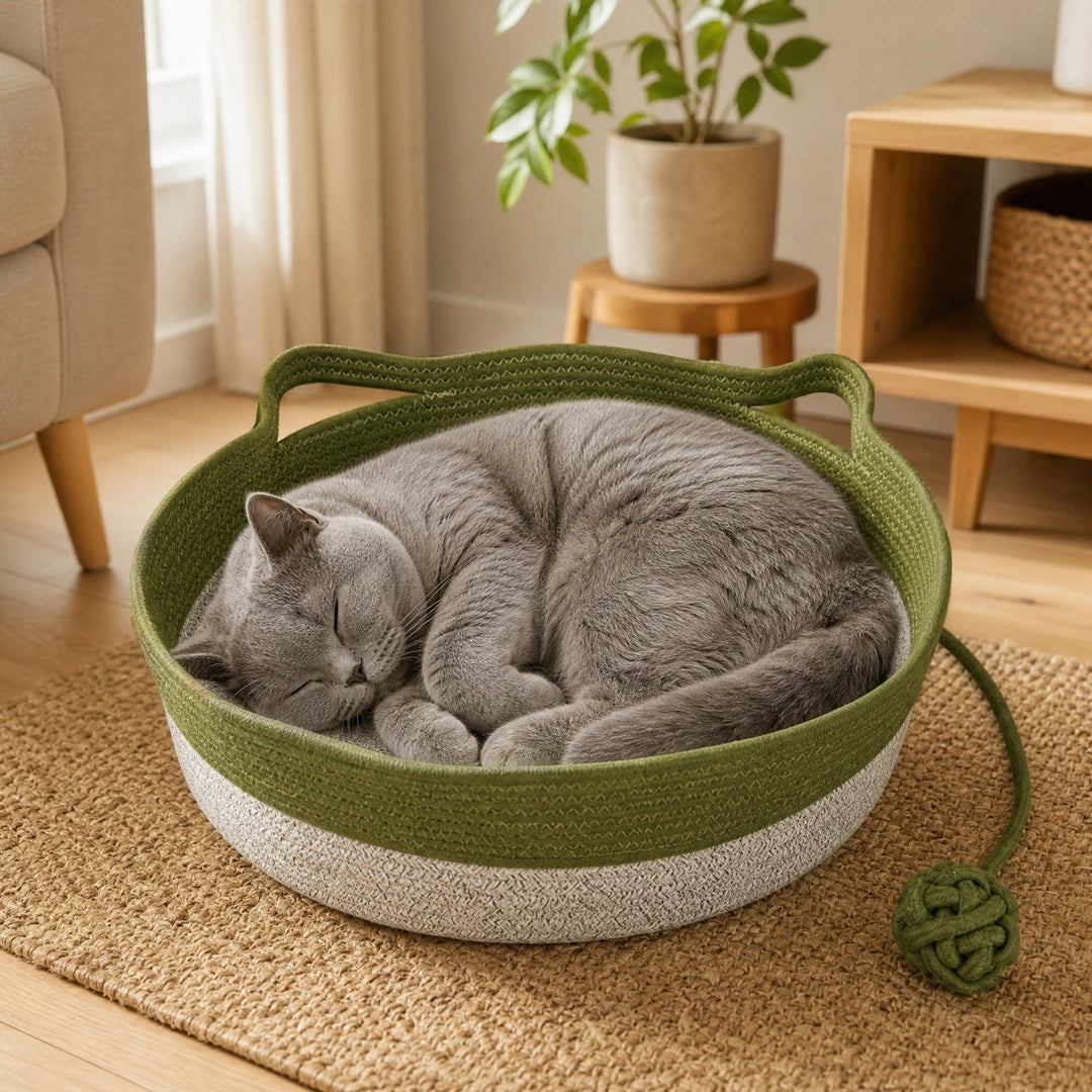 Handwoven Cotton Cat Basket with Soft Rope Design and Handles