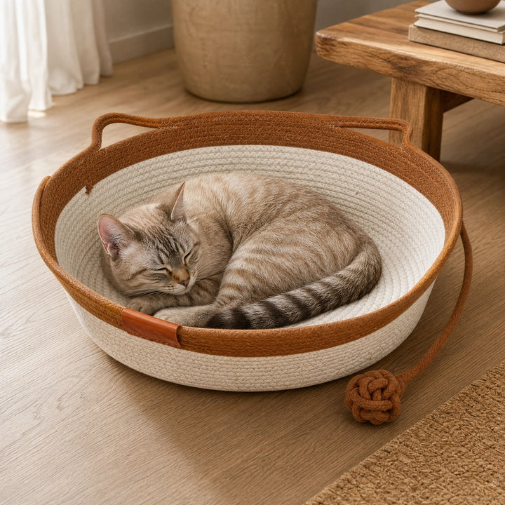 Handwoven Cotton Cat Basket with Soft Rope Design and Handles