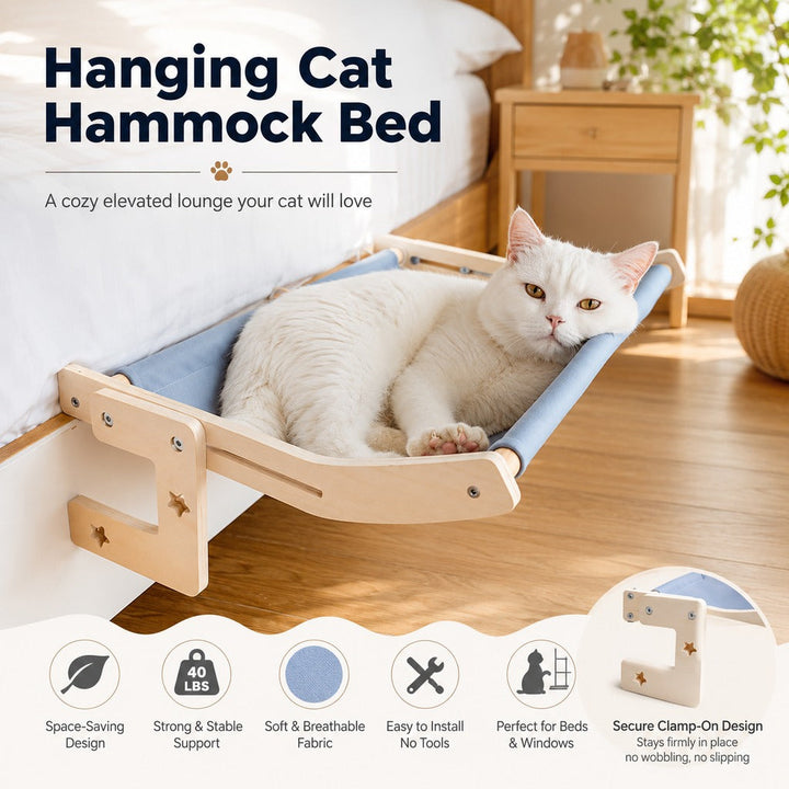 Bedside Hanging Cat Hammock Bed | Space-Saving Elevated Cat Lounge for Beds, Sofas & Windows