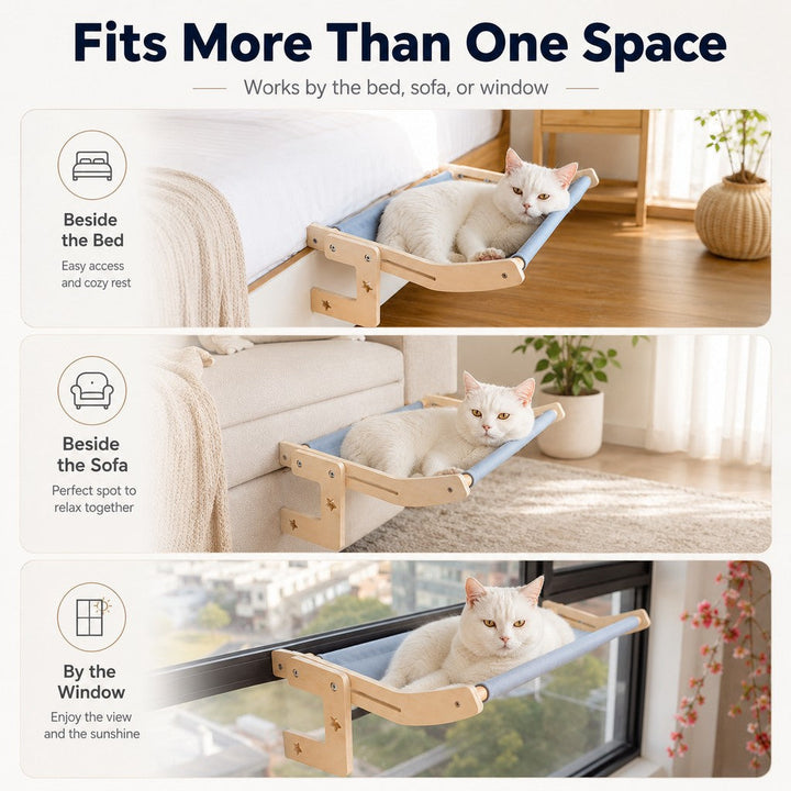 Bedside Hanging Cat Hammock Bed | Space-Saving Elevated Cat Lounge for Beds, Sofas & Windows