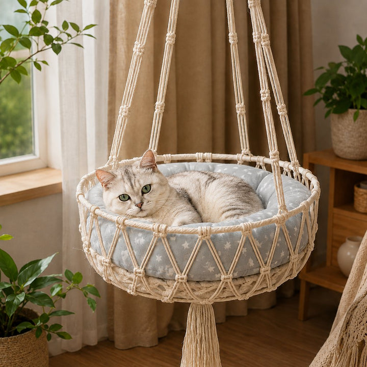 Macrame Hanging Cat Hammock Bed with Cushion
