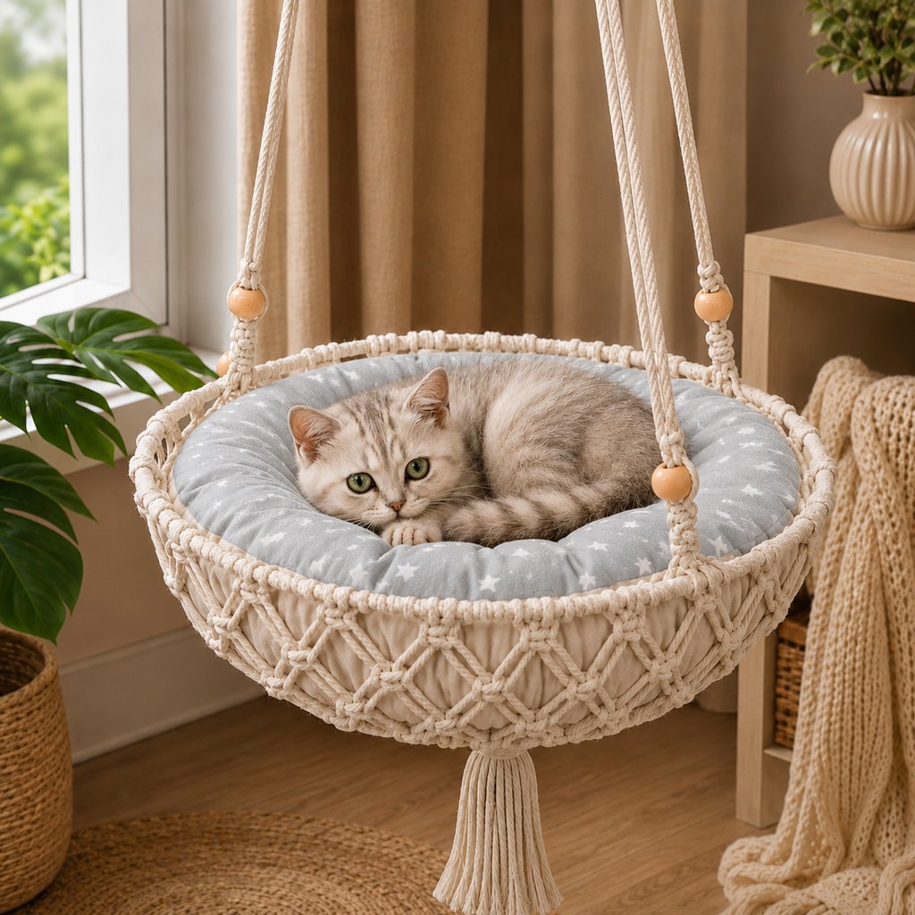 Macrame Hanging Cat Hammock Bed with Cushion