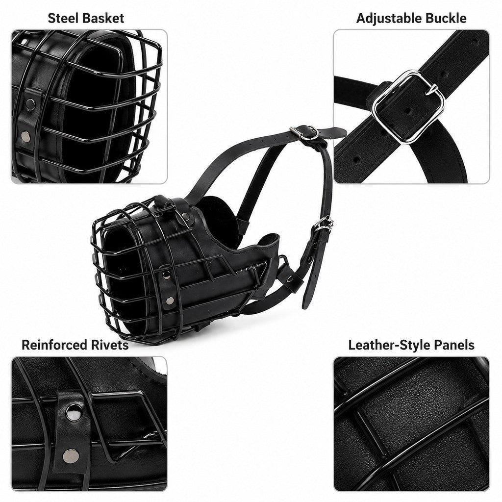 Heavy-Duty Black Steel Basket Dog Muzzle for Large Dogs