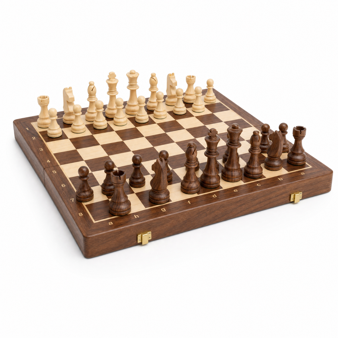 Folding walnut chess set with weighted pieces, open board