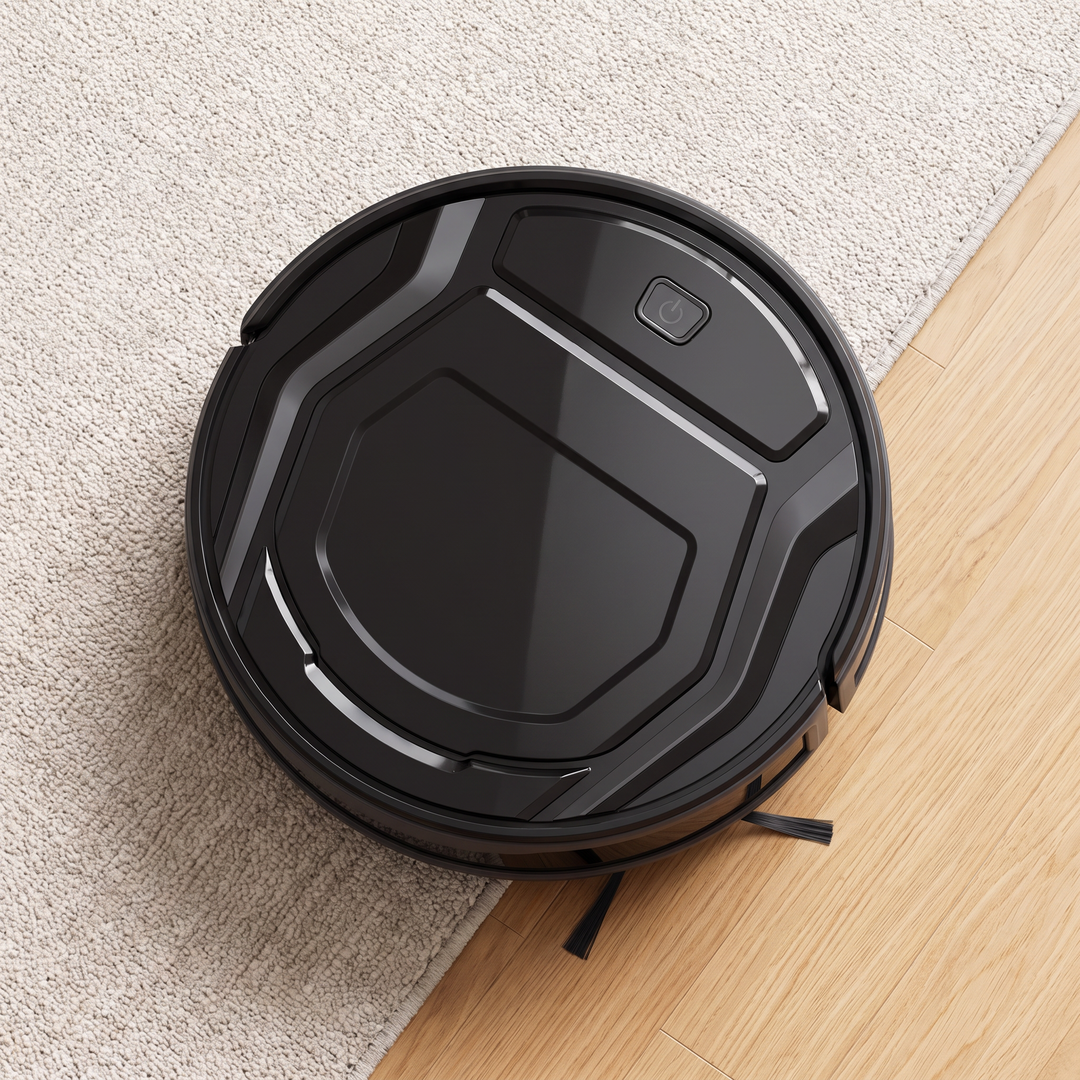 Slim Robot Vacuum seen from above on a rug