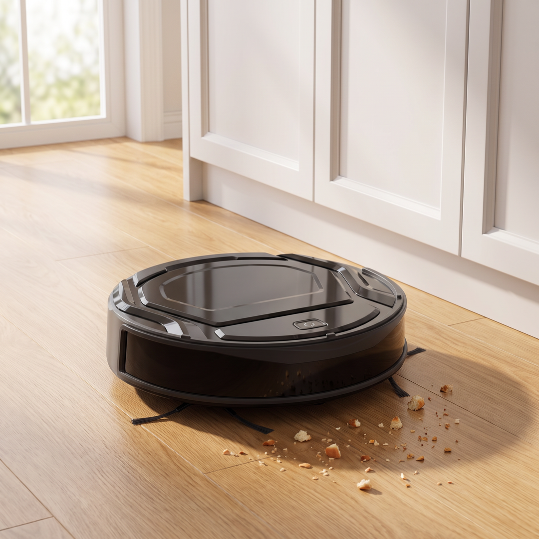 Slim Robot Vacuum picking up crumbs on a kitchen floor
