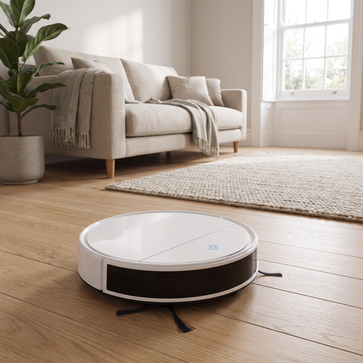 Laser-Mapping Robot Vacuum cleaning a living room floor