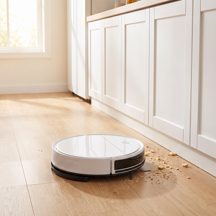 Pet Hair Robot Vacuum picking up crumbs on a kitchen floor