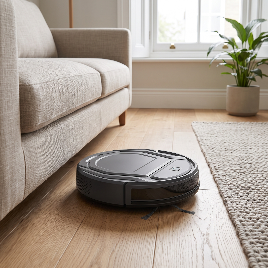 Compact Robot Vacuum cleaning a living room floor