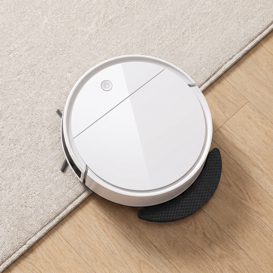 Pet Hair Robot Vacuum seen from above on a rug
