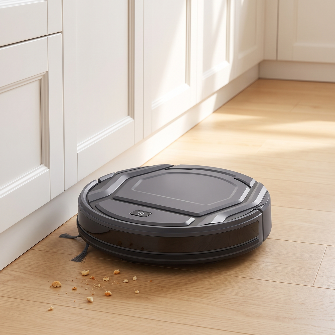 Compact Robot Vacuum picking up crumbs on a kitchen floor