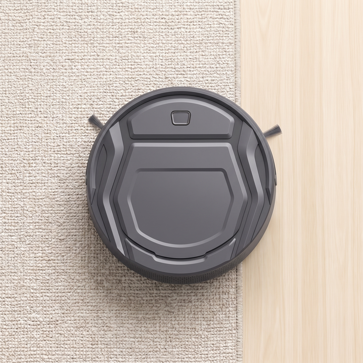 Compact Robot Vacuum seen from above on a rug