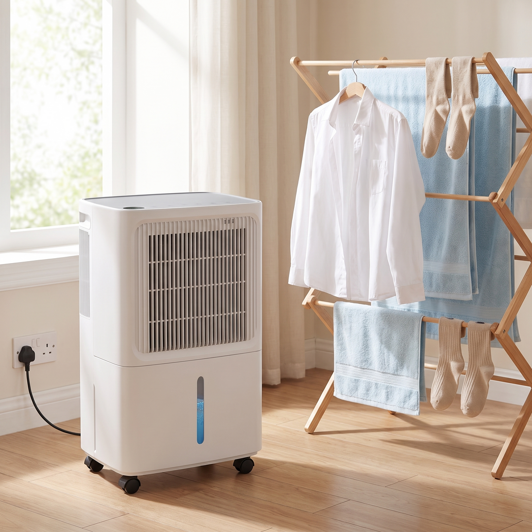 Whisper-Quiet Dehumidifier next to laundry drying indoors