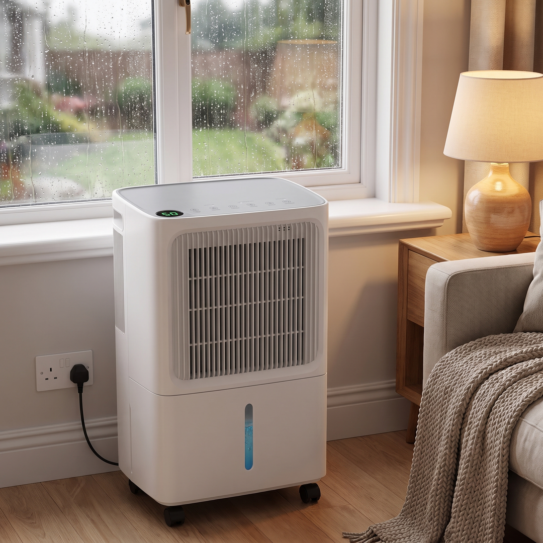 Whisper-Quiet Dehumidifier in a living room on a rainy day