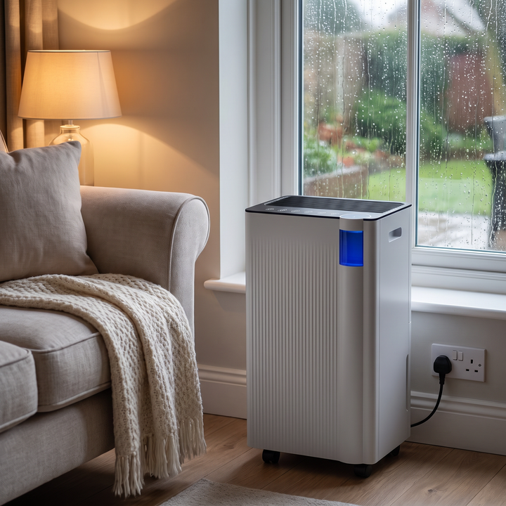 12L Dehumidifier with Air Filter in a living room on a rainy day