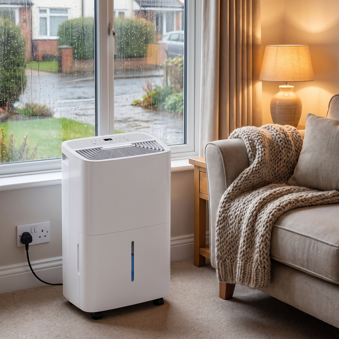 High-Capacity Dehumidifier in a living room on a rainy day