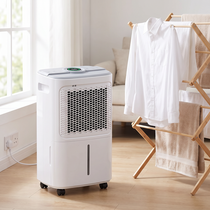 Compact 16L Dehumidifier next to laundry drying indoors