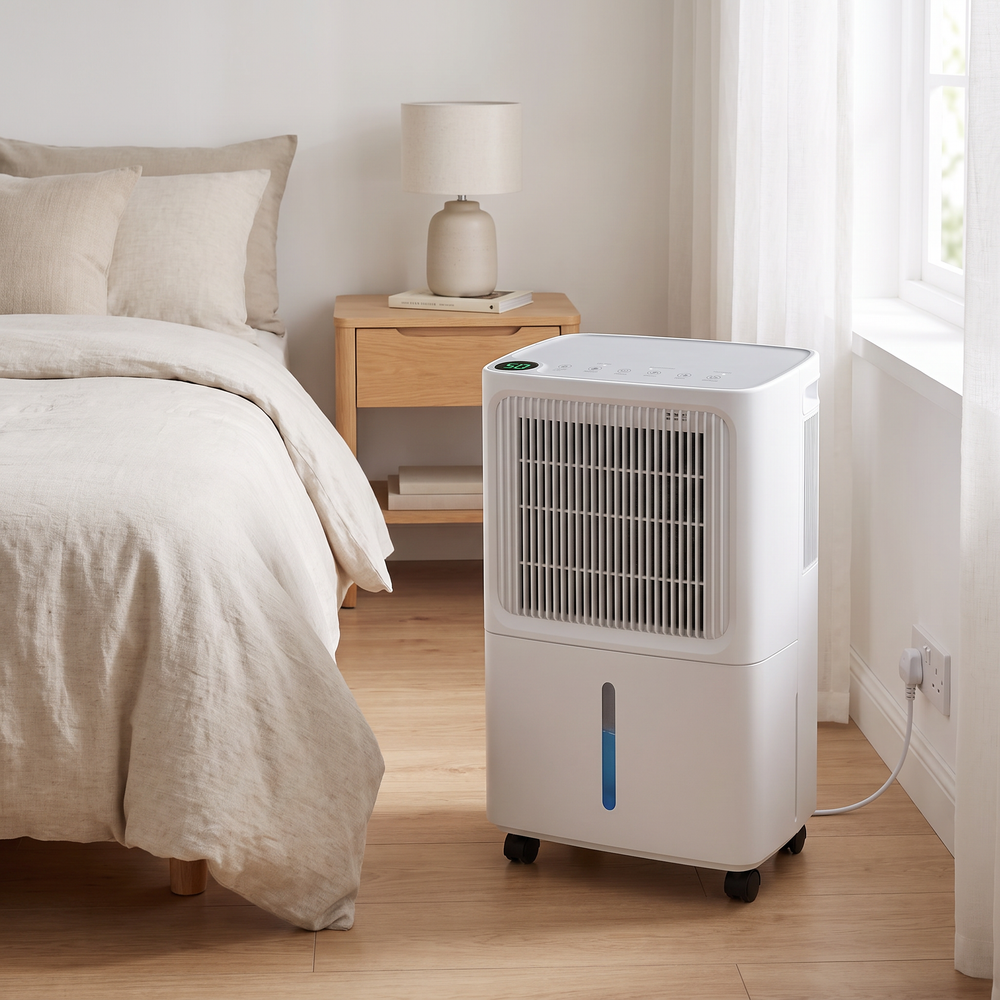 Whisper-Quiet Dehumidifier in a bedroom