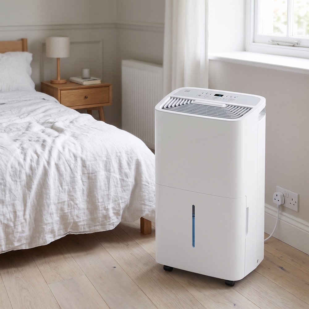 20L Dehumidifier with Drain Hose in a bedroom