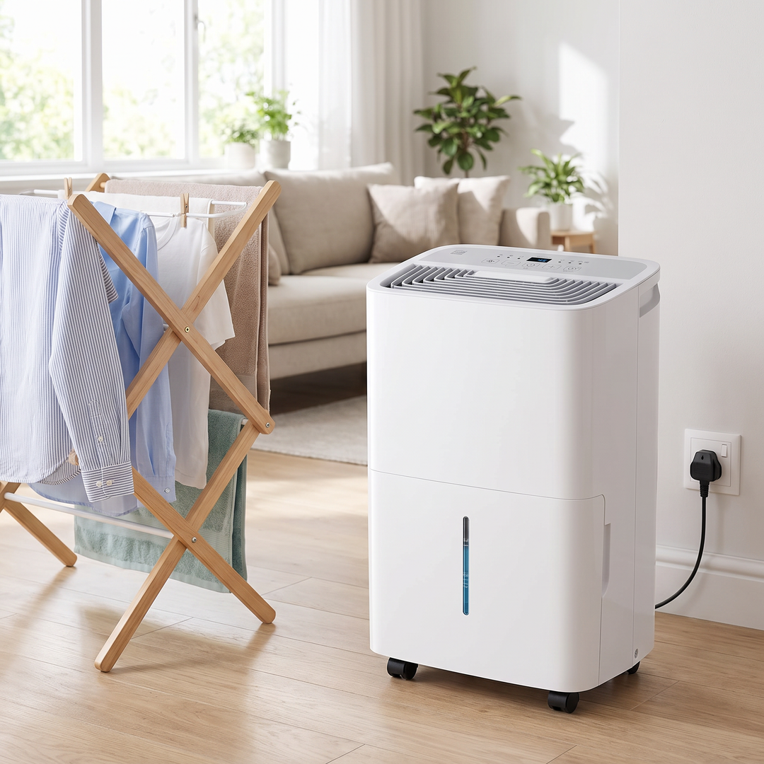 Energy-Efficient 20L Dehumidifier next to laundry drying indoors