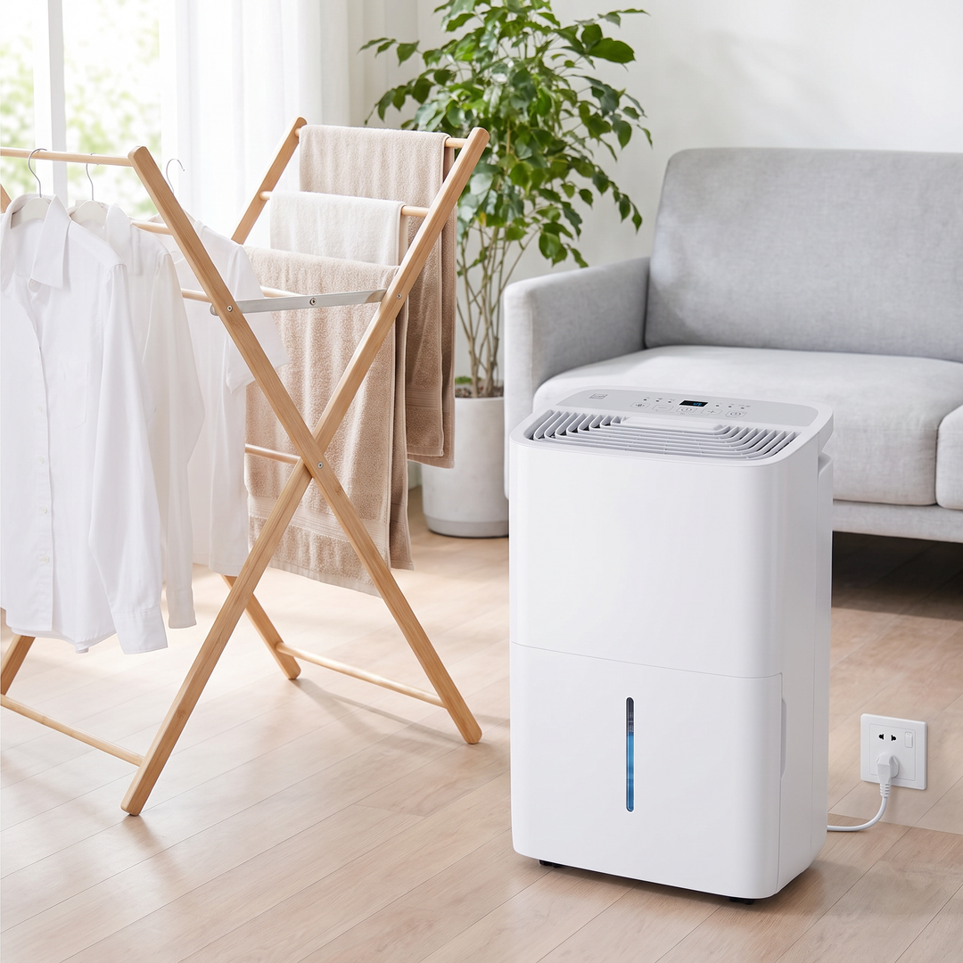High-Capacity Dehumidifier next to laundry drying indoors