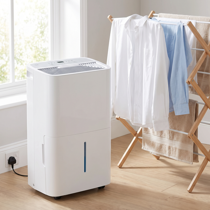 20L Dehumidifier with Drain Hose next to laundry drying indoors