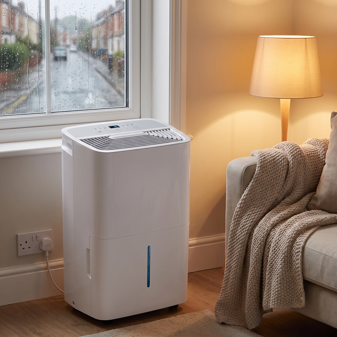 Energy-Efficient 20L Dehumidifier in a living room on a rainy day