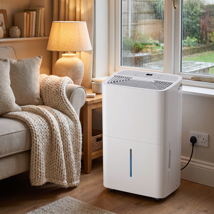 20L Dehumidifier with Drain Hose in a living room on a rainy day