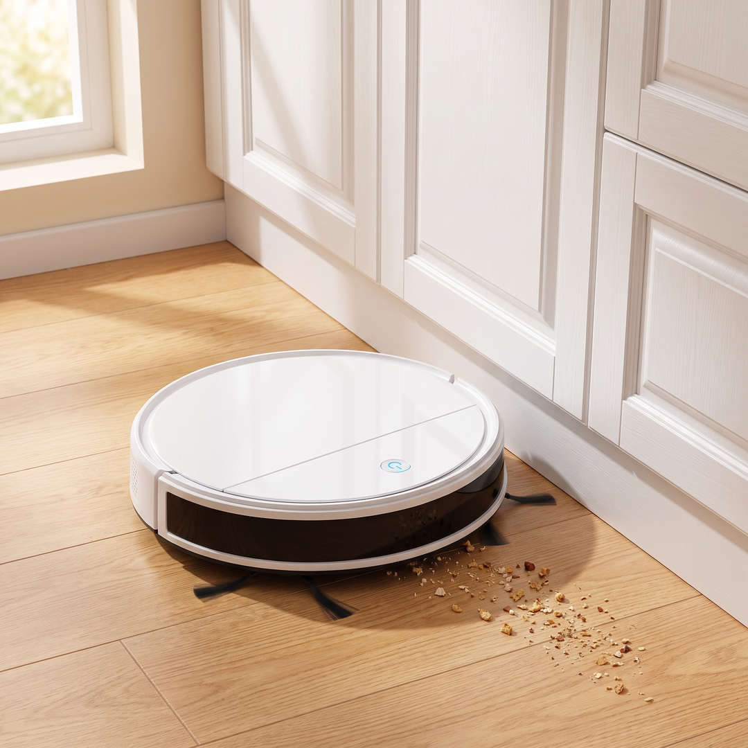 Laser-Mapping Robot Vacuum picking up crumbs on a kitchen floor
