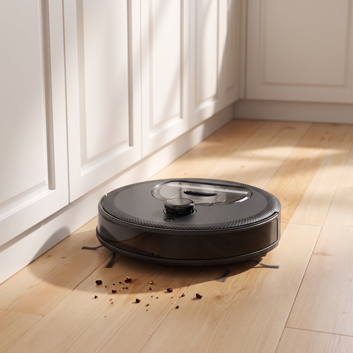 LiDAR Robot Vacuum and Mop picking up crumbs on a kitchen floor