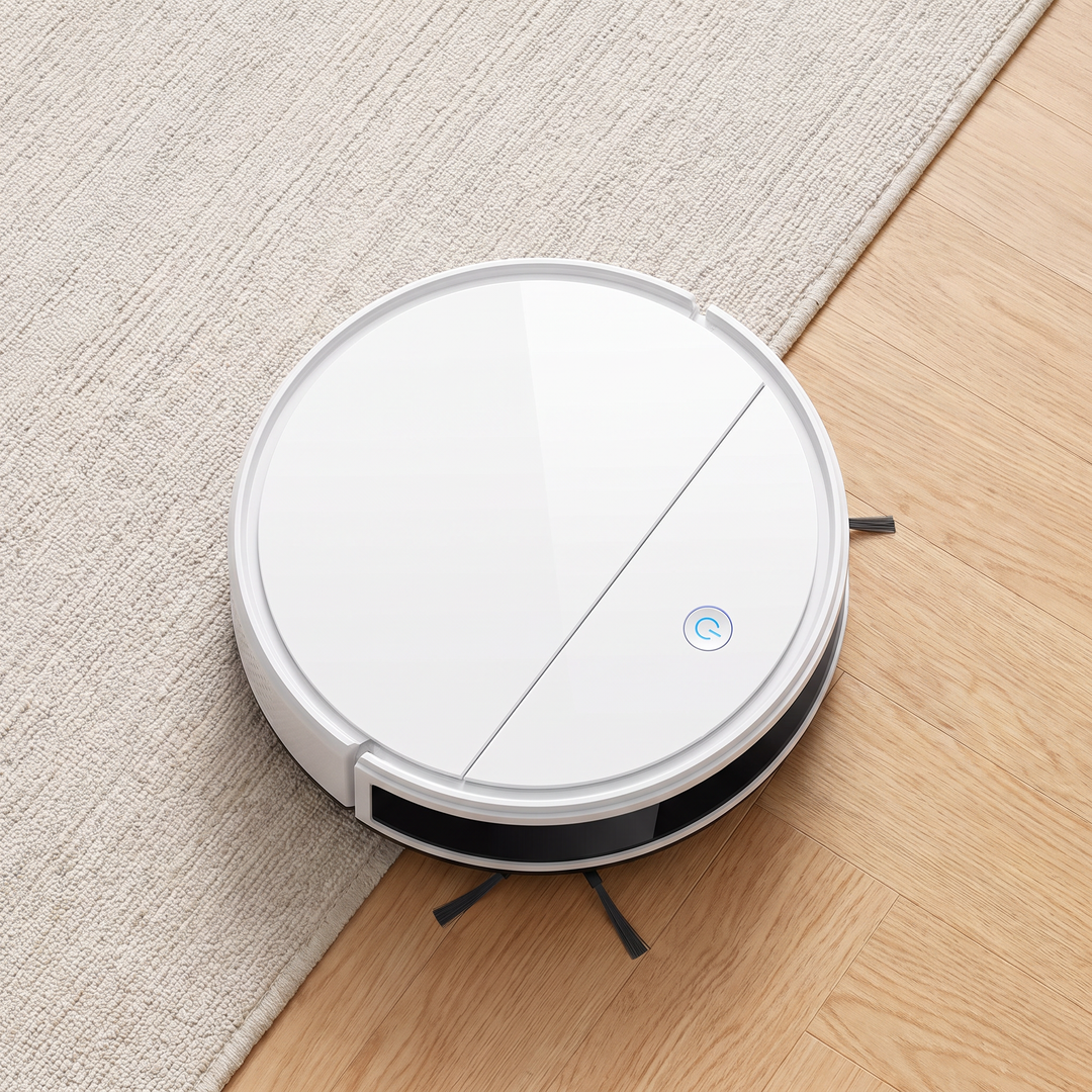 Laser-Mapping Robot Vacuum seen from above on a rug