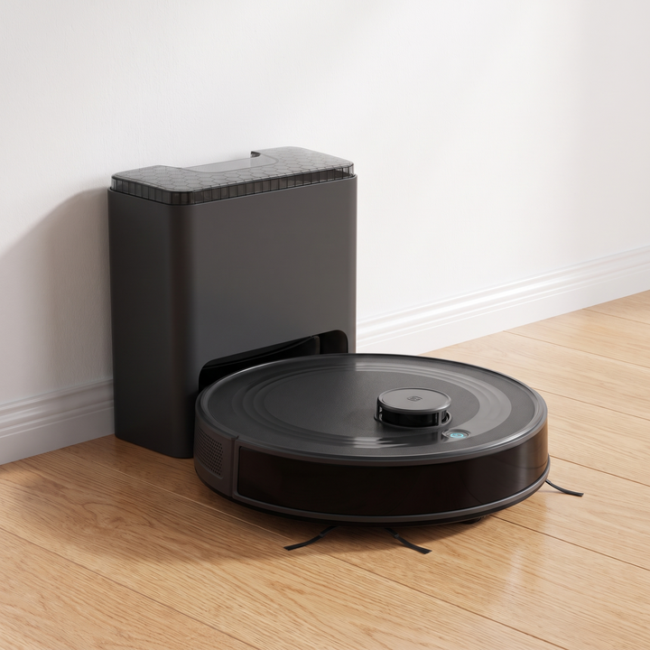 Self-Emptying Robot Vacuum docked in a hallway