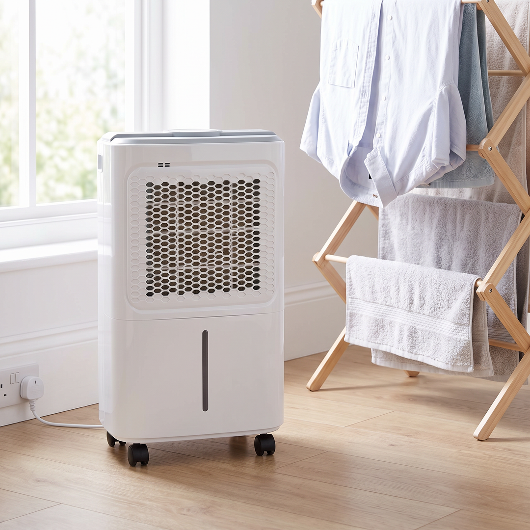 Quiet 12L Dehumidifier next to laundry drying indoors