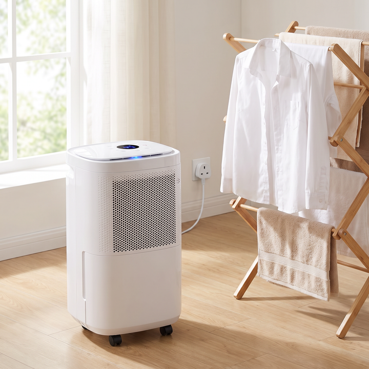 Smart Wi-Fi Dehumidifier next to laundry drying indoors