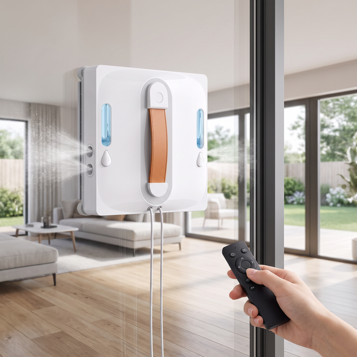 Premium Window Cleaning Robot on a patio door with remote control