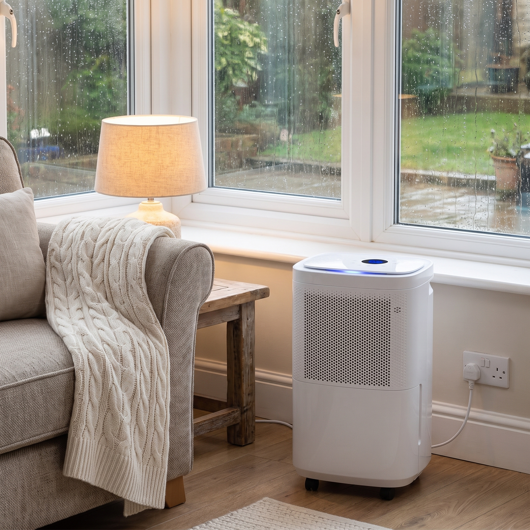 Smart Wi-Fi Dehumidifier in a living room on a rainy day