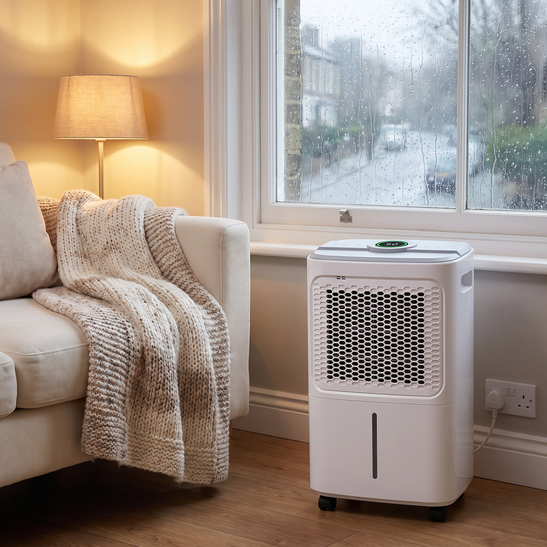 Compact 16L Dehumidifier in a living room on a rainy day